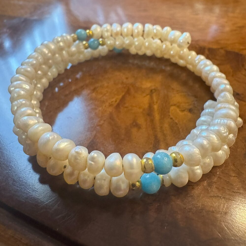 Pearl Wrap Bracelet with Blue & Gold Accent
